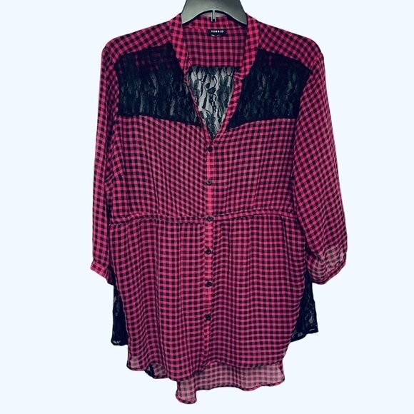 TORRID Women's Loose Button-Up Top Bust 52" Pink Black Plaid Lace Hi-Lo Hem EUC - Picture 1 of 15